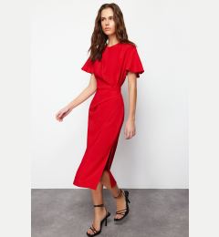 Снимка на Trendyol Red Straight Cut Gathered Midi Woven Dress