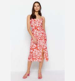 Снимка на Trendyol Red Straight Cut Midi Floral Pattern Woven Dress