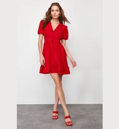 Снимка на Trendyol Red Waist V-Neck Bow Detailed Mini Woven Dress