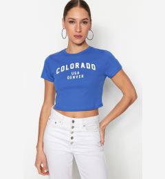 Снимка на Trendyol Saks 100% Cotton Slogan Printed Fitted/Skinned Crop Crew Neck Knitted T-Shirt