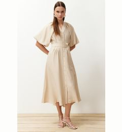 Снимка на Trendyol Stone Belted Half Balloon Sleeve Linen Look Woven Shirt Dress