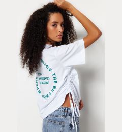 Снимка на Trendyol White 100% Cotton Back Printed Gathered Oversize/Wide Cut Crew Neck T-Shirt