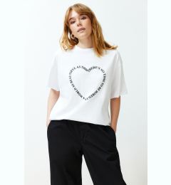 Снимка на Trendyol White 100% Cotton Heart Motto Printed Oversize/Casual Fit Knitted T-Shirt