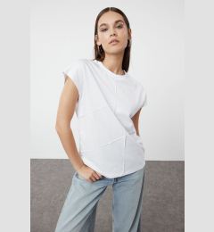 Снимка на Trendyol White 100% Cotton Oversize/Wide Fit Knitted T-Shirt with Piping Detail