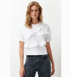 Снимка на Trendyol White 100% Cotton Ruffle Detailed Relaxed/Comfortable Fit Short Sleeve Knitted T-Shirt