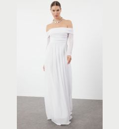 Снимка на Trendyol White A-Cut Carmen Neckline Knitted Tulle Long Evening Evening Dress