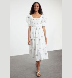 Снимка на Trendyol White Belted Floral Patterned Square Collar Linen Look Woven Dress