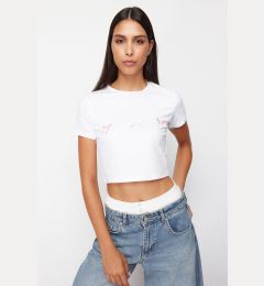 Снимка на Trendyol White Bow Detailed Crop Short Sleeve Knitted T-Shirt