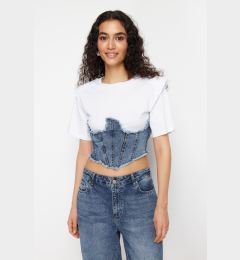 Снимка на Trendyol White Denim Detailed Crop Padded Knitted Blouse