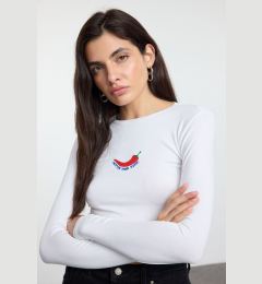 Снимка на Trendyol White Embroidered Premium Viscose Crew Neck Crop Flexible Knitted Blouse