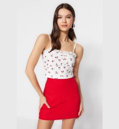 Снимка на Trendyol White Floral Printed Strap Fitted/Simple Waffle Fabric Super Crop Knitted Blouse