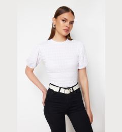 Снимка на Trendyol White Premium Textured Crop Stand Collar Flexible Balloon Sleeve Knitted Blouse