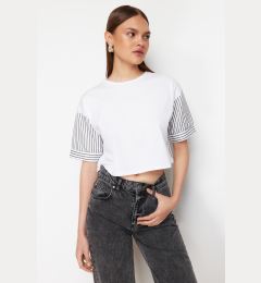 Снимка на Trendyol White Striped Poplin Sleeve Detailed Slogan Printed Crop Knitted T-Shirt