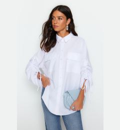 Снимка на Trendyol White Woven Cotton Shirt with Adjustable Gathering Detail on Sleeves