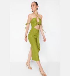 Снимка на Trendyol X Zeynep Tosun Oil Green Elegant Evening Dress with Knitted Window and Accessory Detail