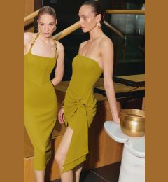 Снимка на Trendyol X Zeynep Tosun Oil Green Knitted Elegant Evening Dress with Accessory Detail