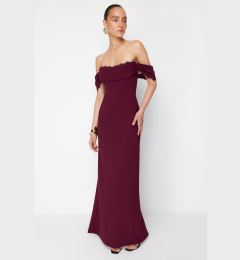 Снимка на Trendyol X Zeynep Tosun Plum Knitted Carmen Collar Lace Long Evening Dress & Graduation Dress