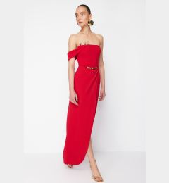 Снимка на Trendyol X Zeynep Tosun Red Wrap Knitted Long Evening Dress & Graduation Dress with Accessory Detail