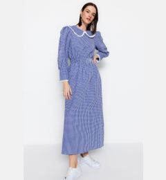 Снимка на Trendyol синьо Gingham текстурирани плат бебе кукла яка талията Gipede подробни тъкани рокля