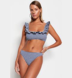 Снимка на Trendyol флот синьо Gingham текстурирани Bralette Flounce бикини отгоре